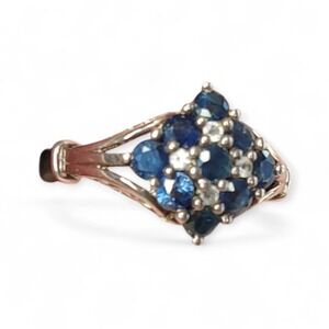 925 Sterling Silver Cluster‎ Diamond Shaped Sapphire Birthstone Ring Size 6-1/2